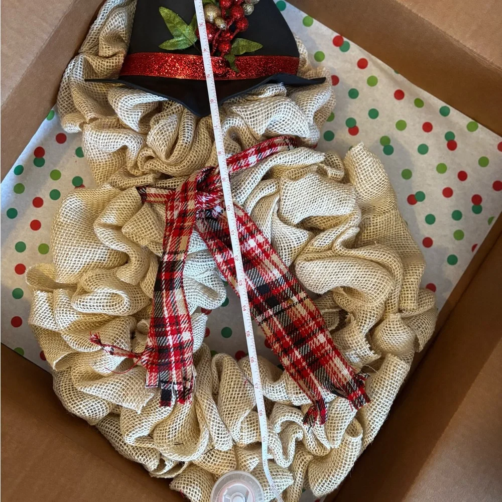 Festive Burlap Snowman Wreath with Plaid Scarf